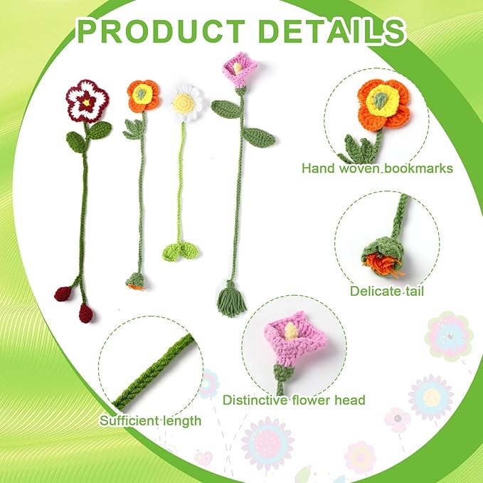 Harloon 4 Pieces Christmas Book Lover Gifts Flowers Crochet Bookmark Book Lovers Bookmarks Handmade Knitted Book Marker Curtain Tiebacks Holdbacks Car Ornaments for Readers Writers Library(Cute)