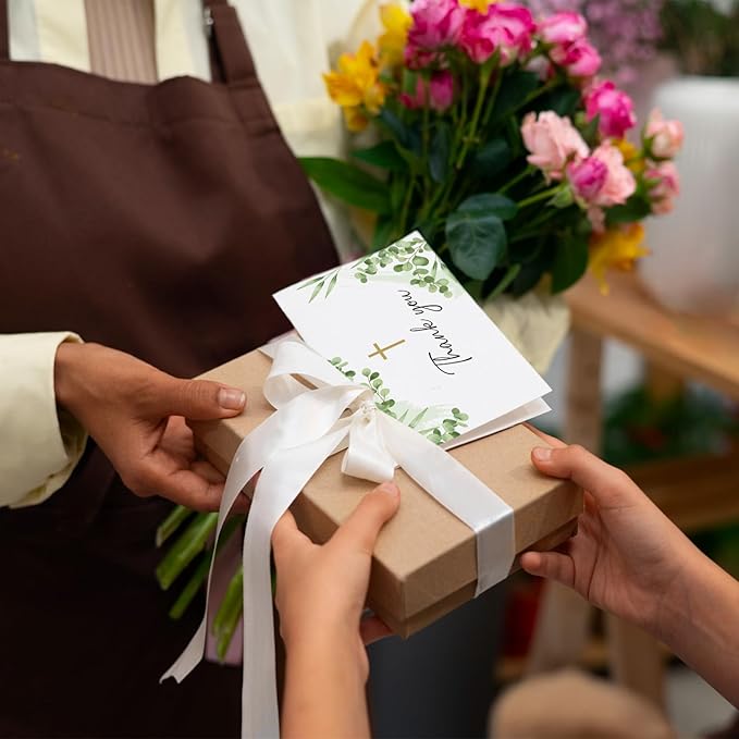 25 Pack Thank You Cards with Envelope & Stickers, 4 * 6in Watercolor Greenery Cross Blank Inside Thank You Card for Bulk Baptism, Wedding, Bridal Shower, Baby Shower, Communion, Funeral