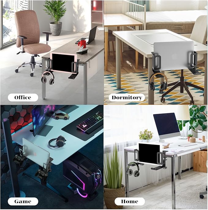 Desk Side Storage,Adjustable Laptop Holder for Desk Side, Steel Hanging Desk Organizer,Clamp on Desk Side Storage Organizer for Laptops/MacBook/Keyboards/Headphone/Gamepad/Backpack(Black)