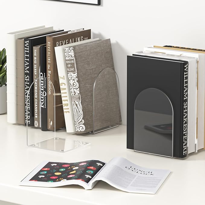 Acrylic Bookends 6 Pieces, Book Ends for Shelves, Clear Bookends for Book Shelves and Desktop Organizer, Transparent Bookends to Hold Books for Home Office Supplies