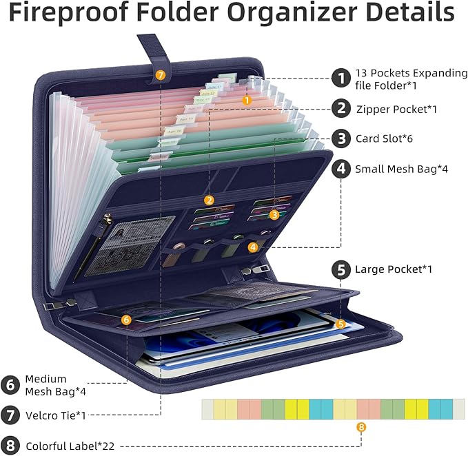 Fireproof Accordion File Organizer, Portable Expanding File Folder with Waterproof Zipper&Labels, Blue Document Organizer with 13 Pockets, File Organizer for Important Document/Paper Storage