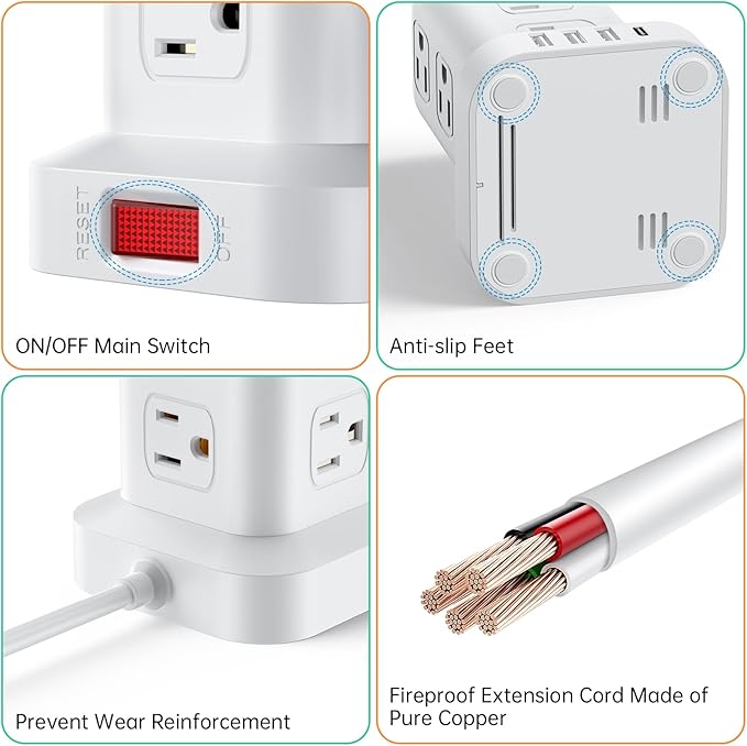 PD20W Power Strip Tower Surge Protector,16.5FT Extension Cord,Power Strip with USB 12 Outlets with 4 USB Ports (1 USB C), Flat Plug Multi Plug Outlet Extender Overload Protection for Home Office
