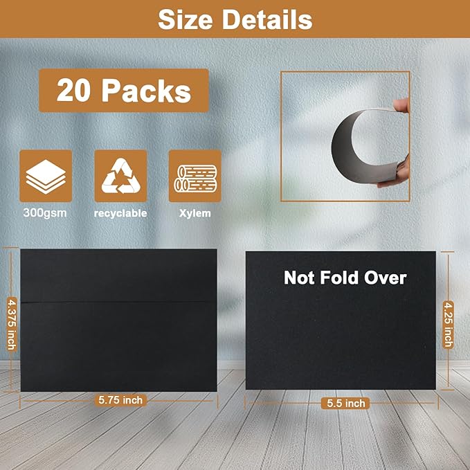 Black Blank Flat Cards and Envelopes 4.25 x 5.5 Heavyweight Single Panel Cardstock and A2 Envelopes Printable Self Seal 20 Packs for DIY Wedding Invitations, Birthday, Thank You Cards
