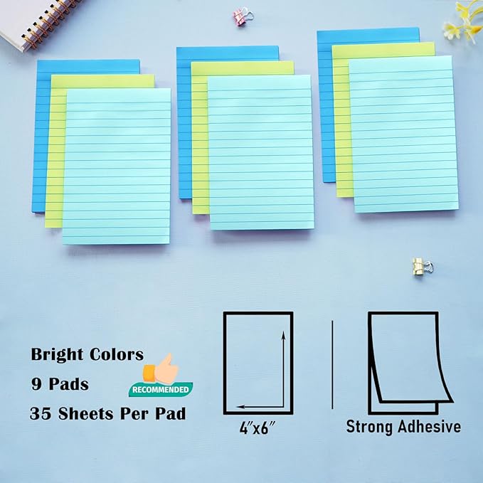 9 Pack Lined Sticky Notes with Lines 4X6 in Post, Aquatic Themed Colors Large Ruled Post Sticky Super Sticking Power Memo Pads Strong Adhesive, Sticky Notes 4x6 (Light Blue, Blue, Light Green)