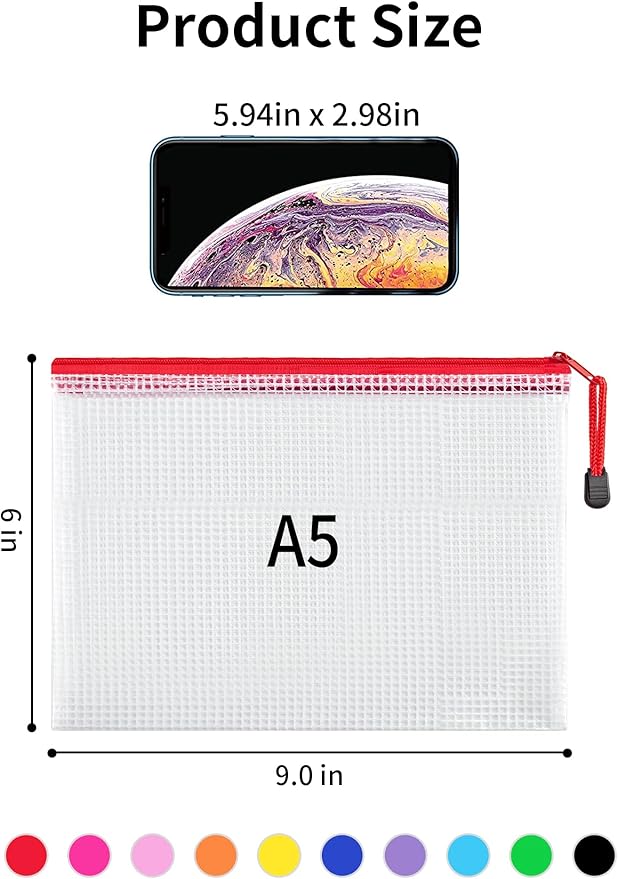 JARLINK 20 Pack 10 Colors Zipper Mesh Document Pouch, 6x9 Inch/A5, Plastic Water-Resistant File Bags, for School Office Supplies, Cosmetics Travel Storage, Assorted Color