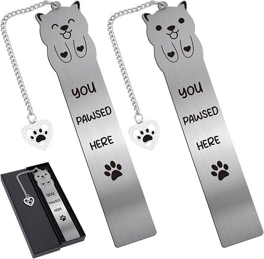 Cute Dog Metal Bookmark - 2 PCs You Pawsed Here Bookmarks for Kids Teens Dog Lovers Gifts Funny Book Marks Pendant Box for Reading Reader Boys Girls School Christmas Thanksgiving Birthday