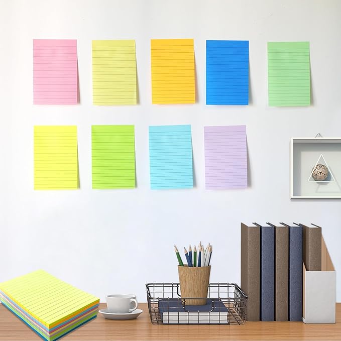 9 Pack Lined Sticky Notes 4X6 in Post, 9 Pastel Colors Large Ruled Post Sticky Colorful Super Sticking Power Memo Pads Strong Adhesive, Sticky Notes with Lines Office, Home, 35 Sheets/pad