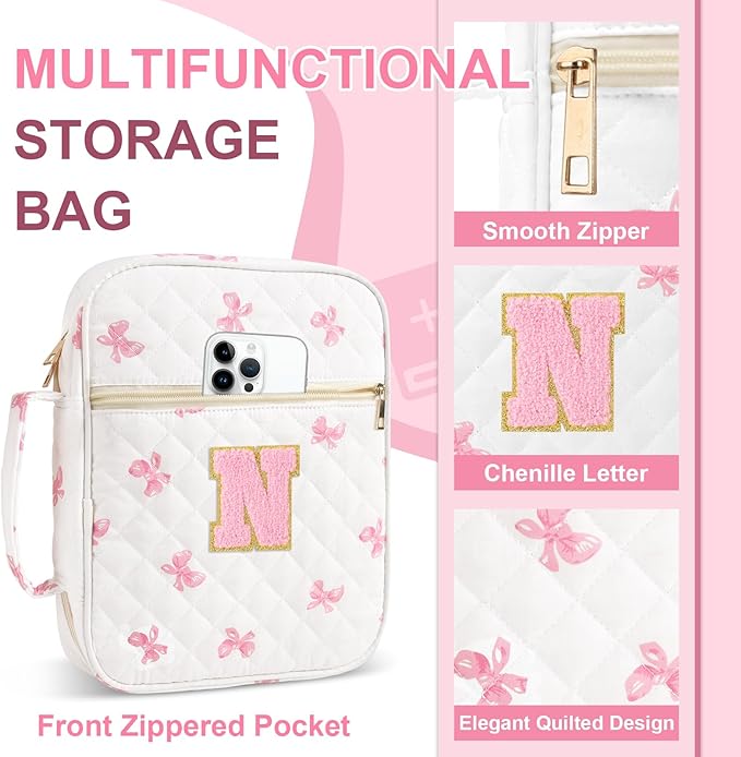 Personalized Initial Bible Cover Case for Women Girls Kid - Large Quilted Bible Case with Handle, Stylish Chenille Letter Bag Study Supplies, Perfect Christmas Gifts for Christians Women (Pink Bow-N)