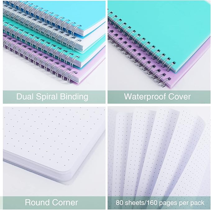 Spiral Notebook, 4 Pack Dot Grid Notebooks 8.3" x 11.5", Bullet Dotted Journal, 640 Pages, Cute College School Supplies Notebooks for Work, Aesthetic Gift Office Supplies for Study and Notes