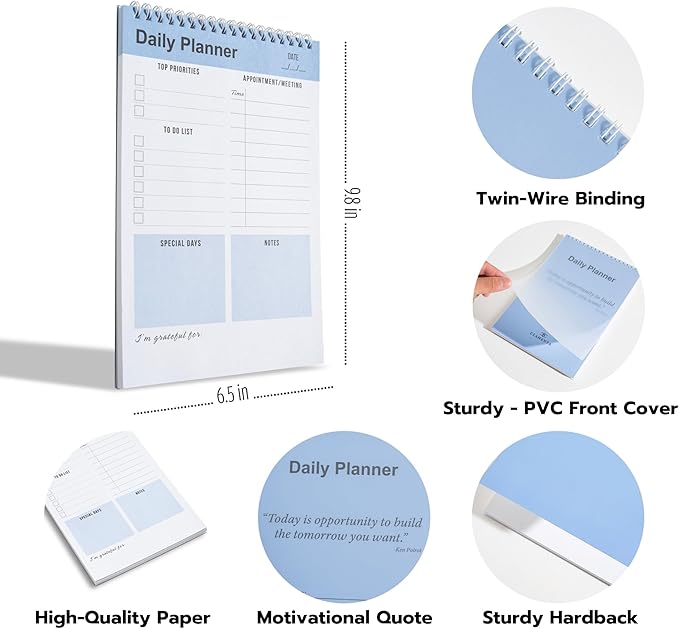 Daily Planner Notebook, To Do List Notepad, Spiral Notebook, Undated-52 Sheets-6.5" x 9.8" Checklist, Notebooks for Work, Personal Organizer Notepad, Daily Task Notebook (Blue)
