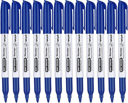 SFAIH Fine Tip Dry Erase Markers - 12 Pack Blue Whiteboard Erasable Markers Bulk for Kids Adults, Ideal for Classroom School Office Home Use on White Board, Non-Toxic Easy Clean