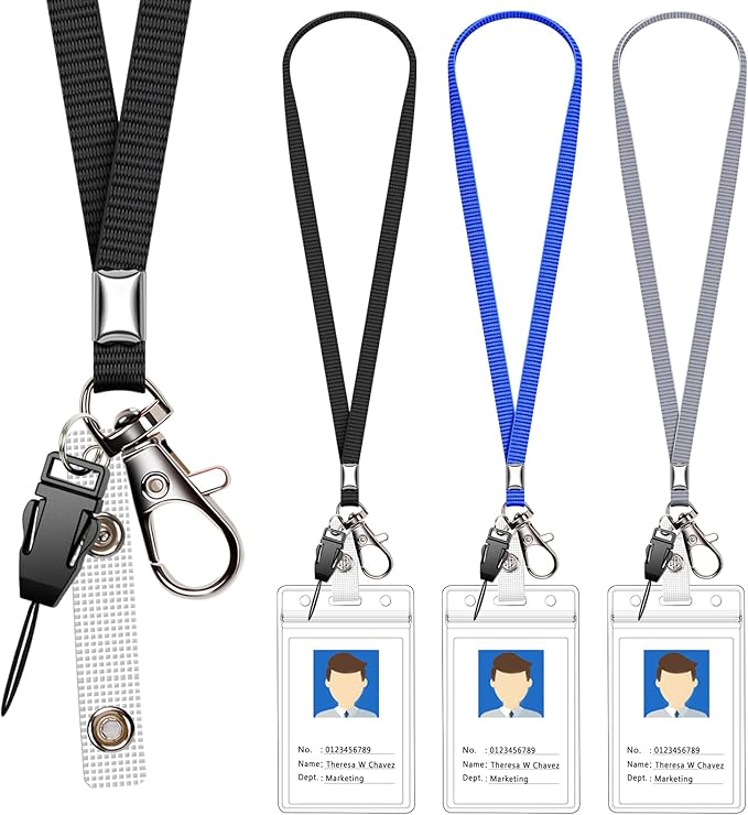 3 Pack Neck Lanyard with ID Badge Holder, Office Strap Lanyards, Stainless Metal Swivel Hook for Name Tag, Badge Holders, Keychains, Card, Black, Blue, Grey