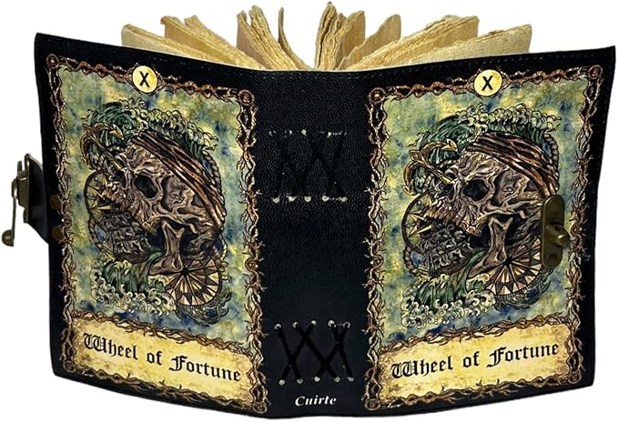 Spell Book of Shadows Journal with Lock Clasp Witchcraft Supplies Vintage Handmade Leather Luna Moths and Morpho Butterfly Print Diary Witchcraft Supplies (Wheel of Fortune)