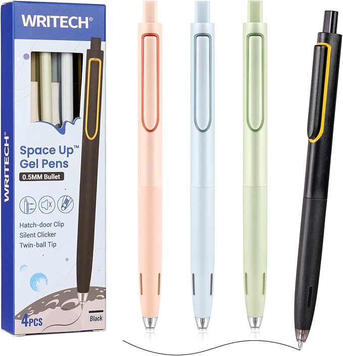 WRITECH Gel Pens Black Ink: Fine Point 0.5mm Retractable Pen 4ct No Smear for Journaling Smooth Writing Silent Click Up-Gel Pen Set