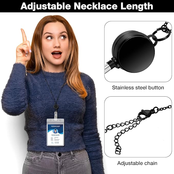 Outus 2 Pieces Badge Lanyard with ID Holders Stainless Steel Badge Holders Necklace Retractable Reel Clip Chain Water Resistant Name(Black)