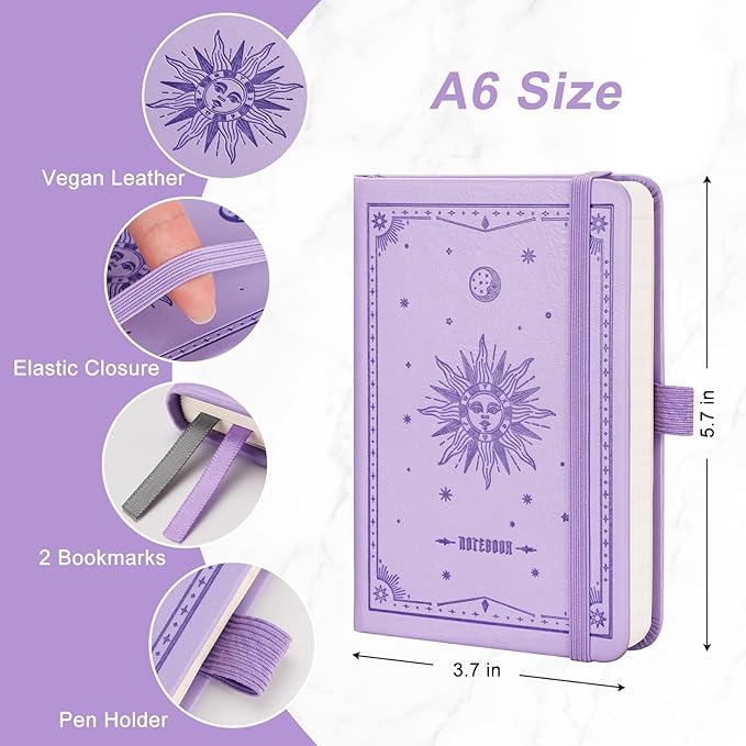 EMSHOI Lined Journal Pocket Notebook - A6 Small Leather Hardcover Notebook for Women, College Ruled 160 Numbered Pages, Mini Notepad for Travel Work School Office Writing Gifts 3.7x5.7, Light Purple