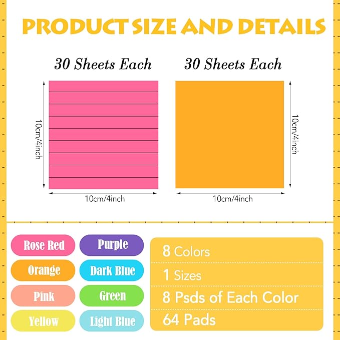 Yexiya 64 Pcs Lined Sticky Notes Self Stick Notes with Lines Bright Assorted Colors Sticky Pad for Home Office Products Post Memos, 1920 Sheets(3 x 3 Inch,Lined, Blank)
