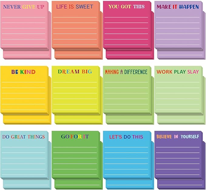 Yinder 24 Pcs Inspirational Sticky Notes with Lines Cute Motivational Sticky Notes Pad Employee Appreciation Gifts Bulk for Teacher Nurse Coworkers Office Supplies 3 x 3''(Dark Color,Motivational)