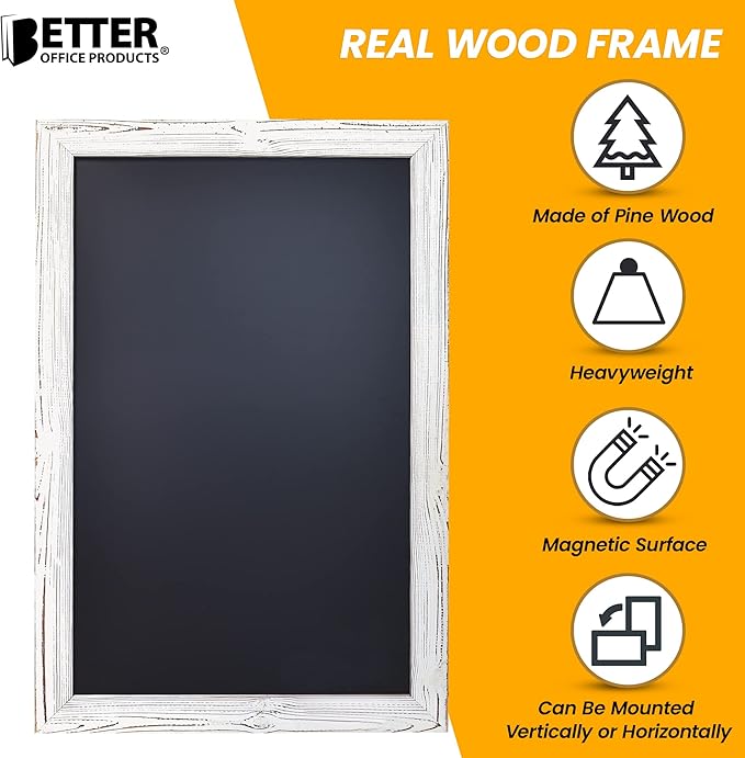Better Office Products Magnetic Wall Chalkboard, X Large Size 20" x 30", Rustic Wood Frame, Chalkboard Sign, Vertical/Horizontal Wall Mount, Includes 4 Chalk Markers + Chalk and Eraser,(Whitewash)