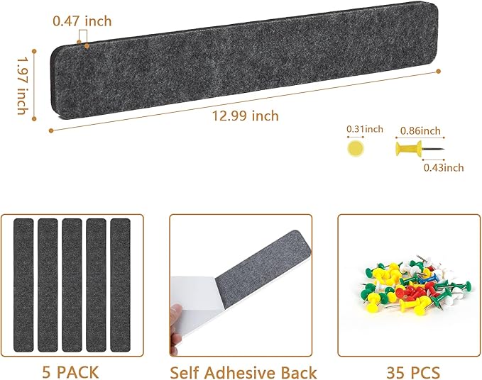 Felt Pin Board Bar Strips Bulletin Board for Bedrooms Offices Home Wall Decoration, Notice Board Self Adhesive Cork Board with 35 Push Pins for Paste Notes, Photos, Schedules