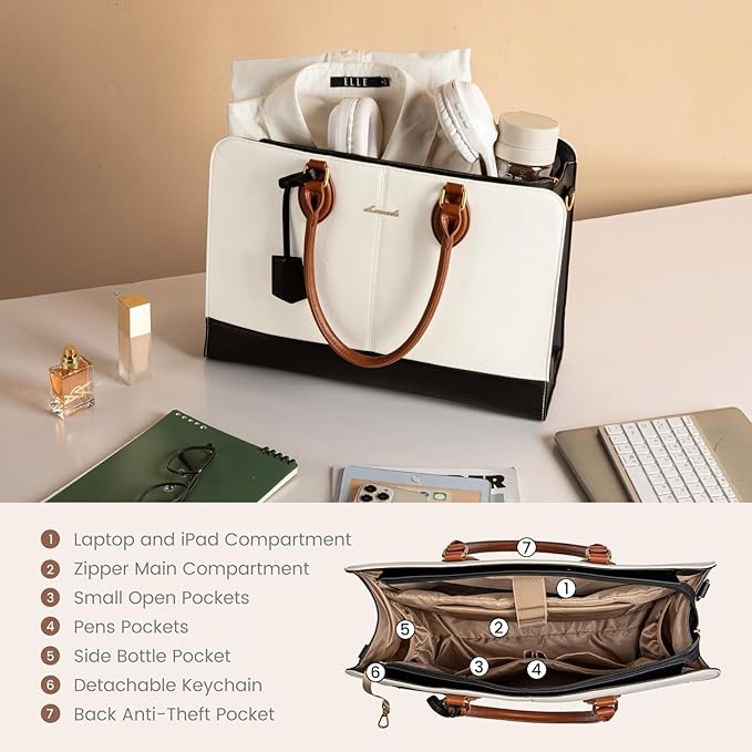 LOVEVOOK Laptop Bag for Women, Work Tote Bags 17.3 inch Computer Bags for Laptops for Women Purse, Large Vintage PU Leather Waterproof Business Office Briefcase, Beige Black Brown