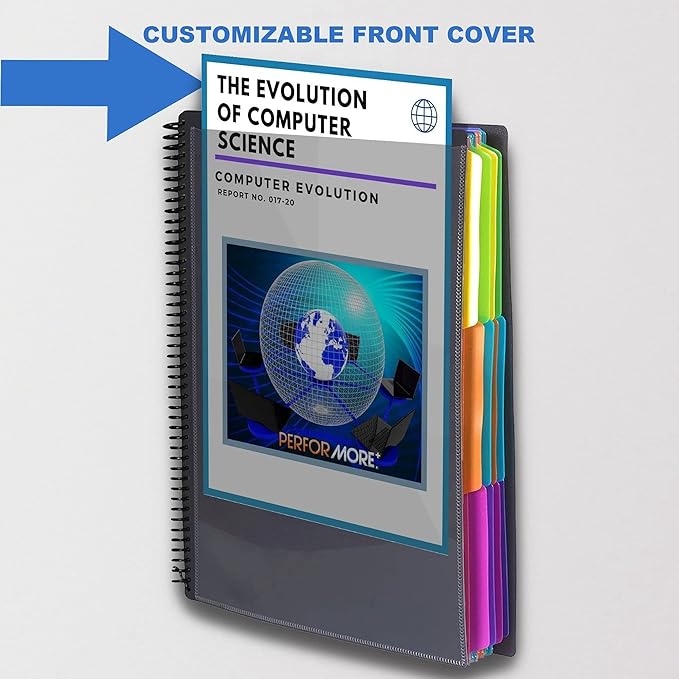 Performore - 12 Pocket Spiral Subject Organizer with 6 Dividers, Folder Organizer Binder with Front Cover Pocket and Customizable Cover, Erasable Write On Tabs for Documents Files Projects