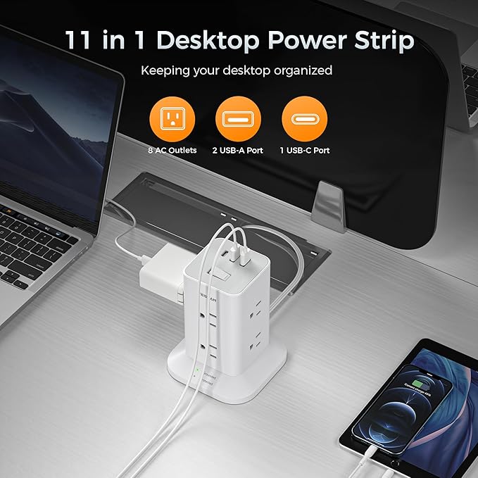 Surge Protector Power Strip Tower 10 FT, TESSAN Flat Plug Extension Cord with 8 AC Outlets 3 USB Ports (1 USB C), 1700J Protection Desk Charging Station for Home, Office Supplies, Dorm Room Essentials