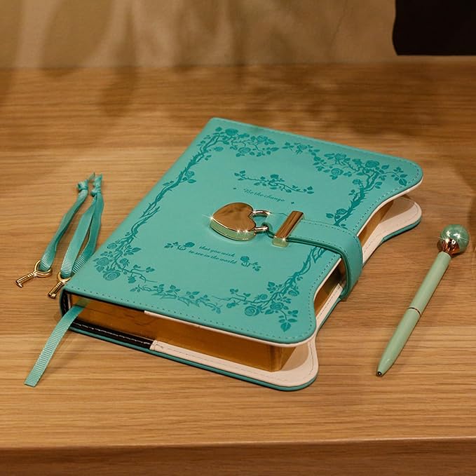 Diary with Lock and Keys for Girls Gift Ideas, 360 Gold Edged Pages Journal for Women, B6 Refillable Notebook for Writing with Pen and Bookmark (Garden Turquoise)