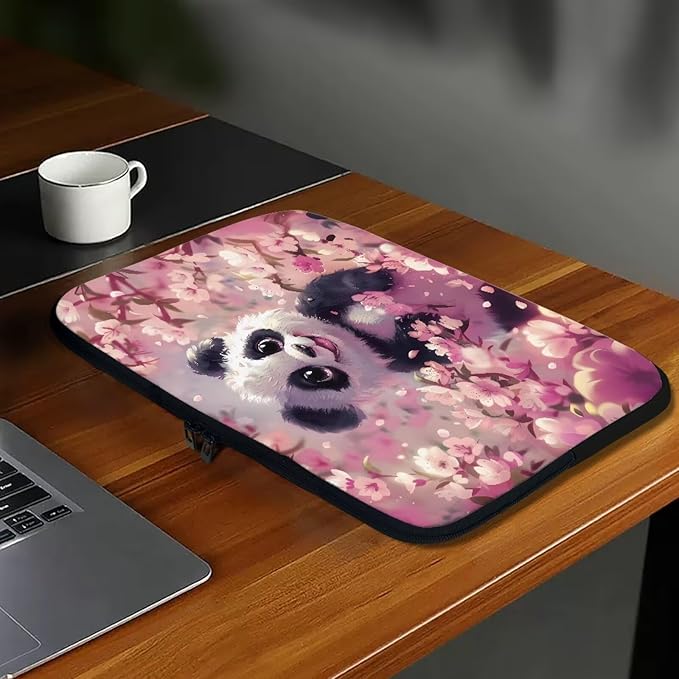 Panda Cherry Blossom Printed Computer Case Bag for Girls Boys, Washable 17 Inch Laptop Bag Carrying Case Laptop Briefcase Neoprene with Zipper, Compatible with Various Computers, Pink