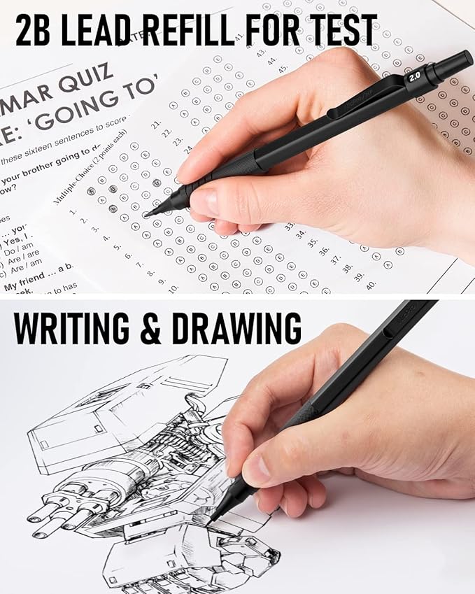 Nicpro Black Art Mechanical Pencil Set, 5PCS Metal Drafting Pencils 0.3, 0.5, 0.7, 0.9 mm & 2mm Graphite Lead Holder For Sketching Drawing With 9 Tubes (4B 2B HB 2H Colors) Lead Refills Erasers Case