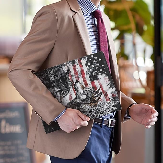 Cozeyat Portfolio Organizer Padfolio for Men American Flag Wolf PU Leather Portfolio A4 PU Leather Conference Folder Letter Size Document Organizer Binder
