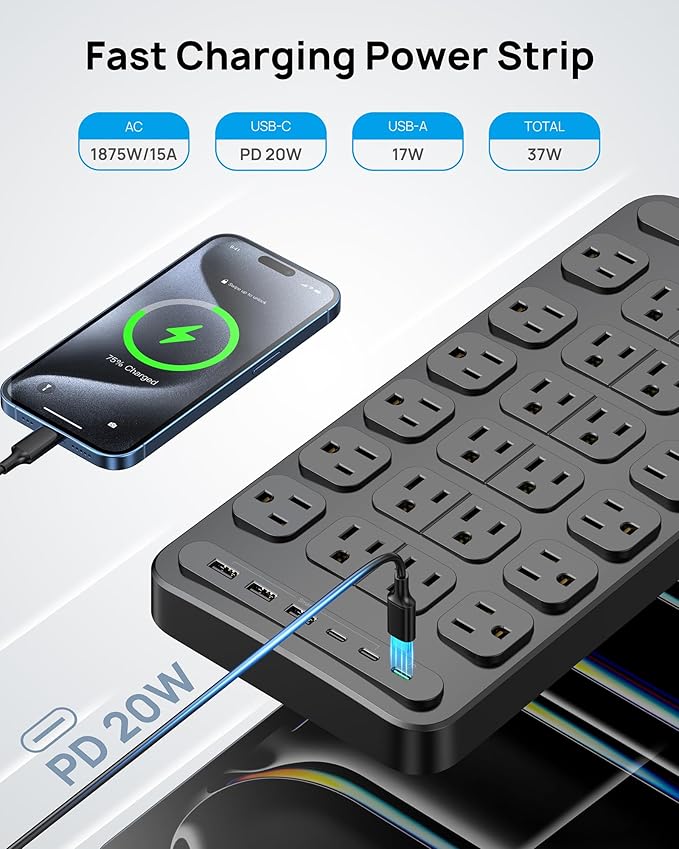 TROND Surge Protector Power Strip, 360° Rotating Flat Plug, 24 AC Outlets, 6 USB Ports Total 37W, 4000 Joules, ETL Listed, 6ft Heavy Duty Extension Cord 1875W for Gaming Dorm Room Essentials Black