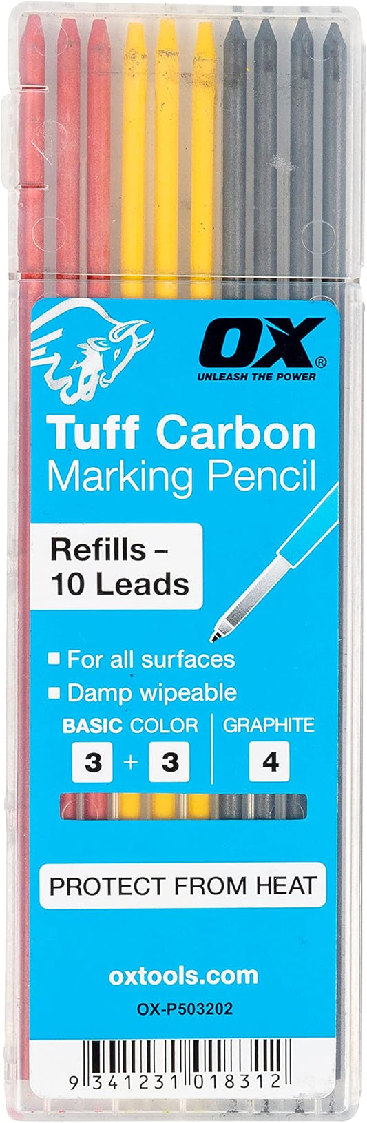 OX Tools Tuff Carbon Marking Pencil Replacement Lead 10-Pack with Red, Yellow & Graphite Lead, 2.8 mm lead, OX-P503202