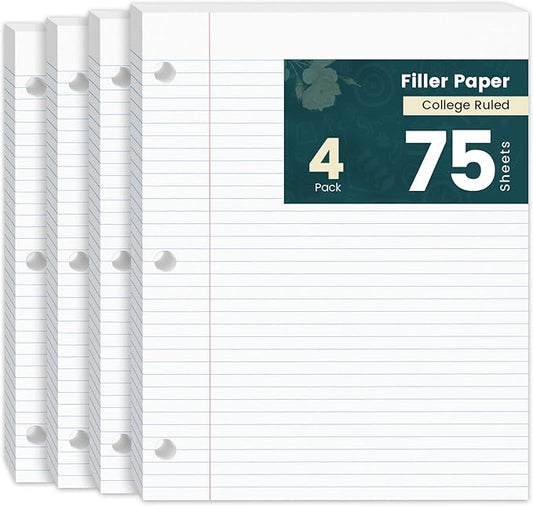 College Ruled Paper 8 x 10.5 Loose Leaf Paper, 4 Pack Notepad 8 x 10.5 Lined Paper for Work, College Ruled Notebook Paper for 3 Ring Binders, 75 sheets, loose leaf paper college ruled for School