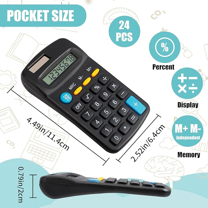 24 Pieces Pocket Size Mini Calculators,Pocket Calculator,Solar Battery Dual Power Desktop Calculators,8 Digit Display Basic Calculator for Students Kids Home Office(Black)