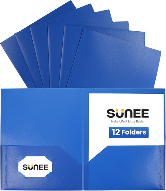 SUNEE 2 Pocket Folders (12 Pack, Blue) Heavy-Duty Plastic Folders with Pockets, Fit 8.5x11 Letter Size Paper, 2-Pocket File Folders for Kids, Home, School, Office
