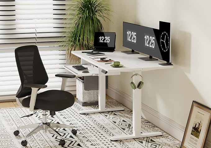 Standing Desk with Keyboard Tray, Electric Standing Desk Adjustable Height, 55x24 Inches Sit Stand up Desk with Splice Board, Raising Desk for Home Office, White