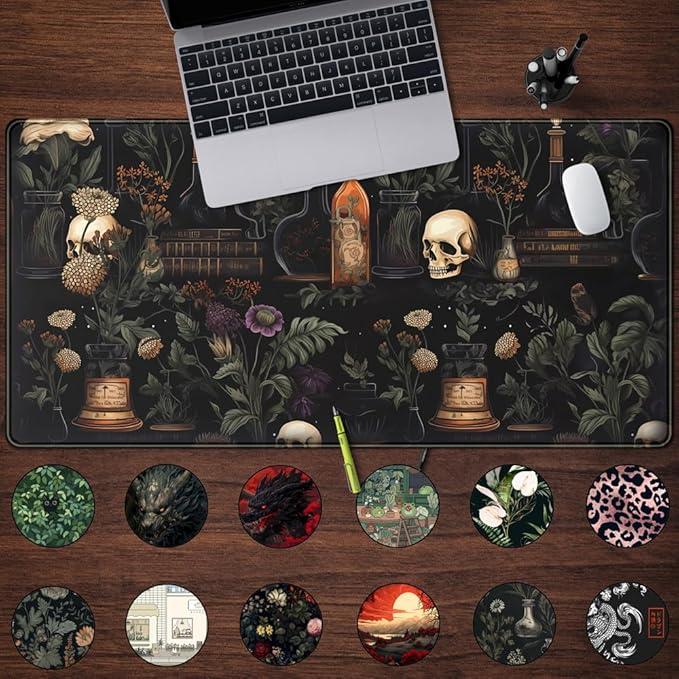 Vintage Aesthetic Desk Mat Black Academia Desk Mouse Pad XL Extended Large Gaming Desk Mousepad Mystical Green Plant Computer Laptop Keyboard and Mouse Mat Desktop Protector Mat 31.5 x 15.8 in