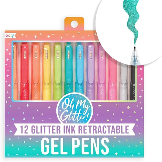 Ooly Oh My Glitter Gel Pens - Easter Activities for Kids, Set of 12 Cute School and Art Supplies for Girls, Planner Pen with Comfort Grip, Ideal Retractable Glitter Pens for Decorations & Office Use