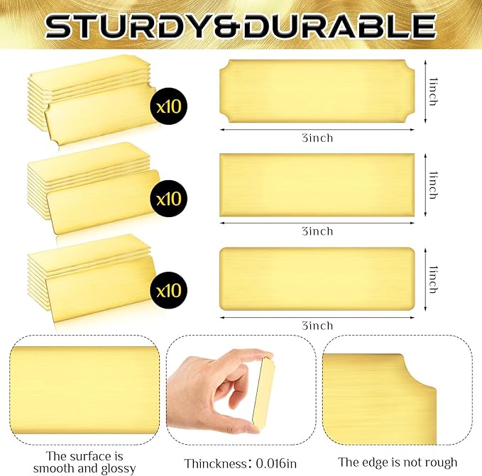 Therwen 30 Pcs Name Plates Laser Engraved Brushed Stainless Steel Plate Personalized Plaque Blank Custom Name Tag Frame Label with Adhesive Backing(Multi Shape,1''x 3'')