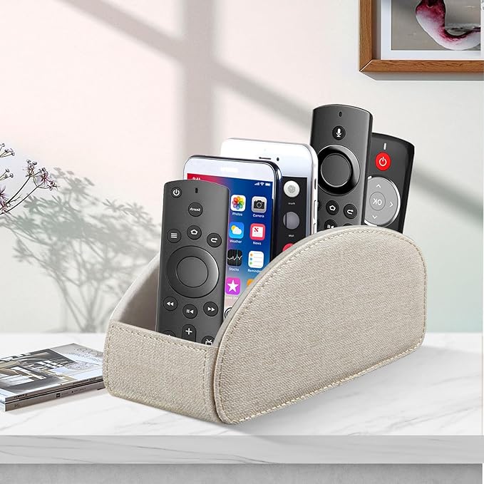 Remote Control Holder PU Leather TV Remote Caddy for Table, 5 Compartments Nightstand Organizer for Bedroom Accessories/Bedside Remotes/Media Controllers/Office Supplies, Decorations for Living Room