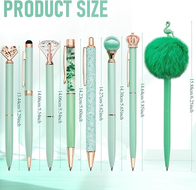 WEMATE 8Pcs Ballpoint Pens Set Metal Crystal Diamond Pen Glitter Pen for Journaling Green Pen Bling in Black & Blue Ink Pretty Cute Pens Fancy Pens Gifts for Women Wedding School Office Desk(Green)