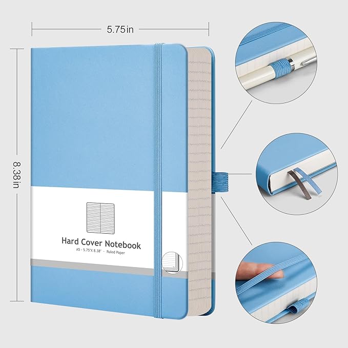 AHGXG Thick Notebook College Ruled, 320 Numbered Pages Lined Journal for Writing, A5 Notebooks for Work, 100gsm Paper, Faux Leather Hardcover, for Women, Men, Note-Taking, 5.75'' X 8.38''-LightBlue