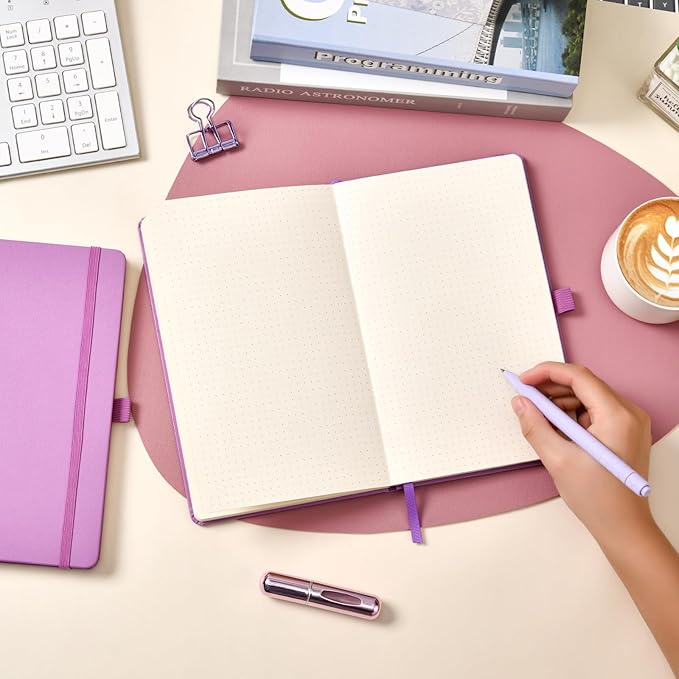 Dotted Journal/Notebook - Dot Grid Hard Cover Notebook, Premium Thick Paper with Fine Inner Pocket, Black Smooth Faux Leather, Pen Loop, 5.3'' x 8.26'' - Macaron Purple