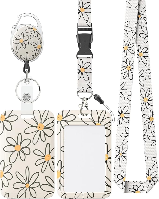 Uniclife Floral Sliding Badge Holder White Flower Plastic Case with Retractable Badge Reel Carabiner Clip & Detachable Lanyard Strap Fashionable Vertical Card Protector for Women Nurse Teacher Student