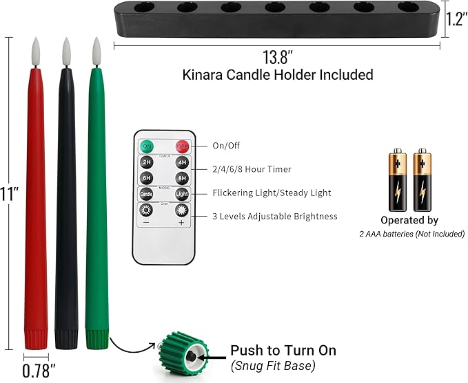 Kwanzaa Kinara Candle Holder Set with Flameless Battery Powered Electric Candles, Flameless Kwanzaa Candles - Set of 7 Tapers (Battery Operated) Mishumaa Saba, Realistic 3D Flames, Remote Control