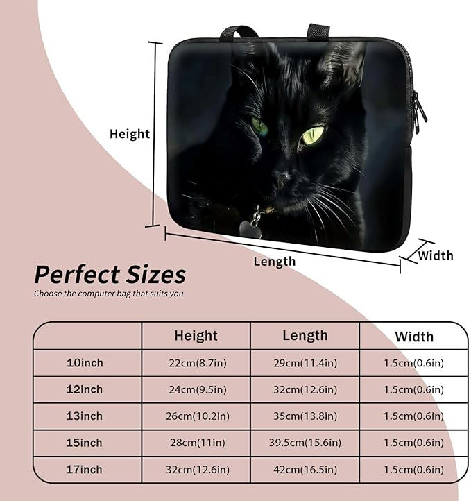 Universal Laptop Sleeve Tablet Case 12 inch, Black Cat Slim Carrying Case Durable Handbag Travel Laptop Bag for Surface Pro 9 8 7/Laptop Go 2 3, MacBook Air 11/12