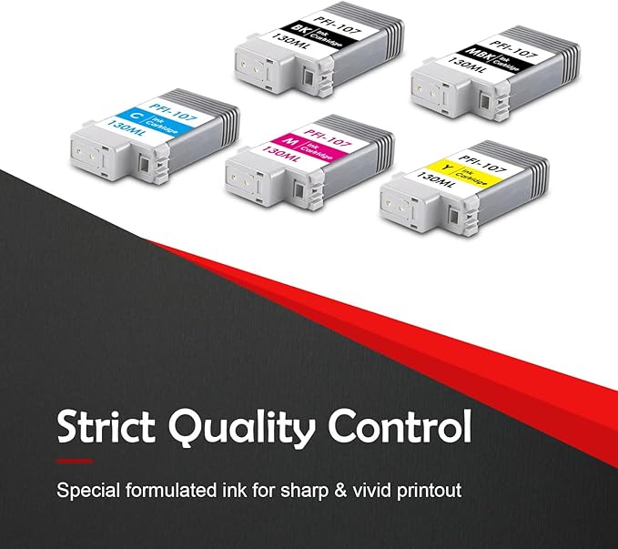 PFI 107 PFI-107 Ink Cartridge Compatible with Canon PFI107 PFI-107MBK PFI-107BK PFI-107C PFI-107M PFI-107Y Ink Tank Set for IPF670 IPF680 IPF685 IPF770 IPF780 IPF785 Printers (5 Pack, MBK BK C M Y)