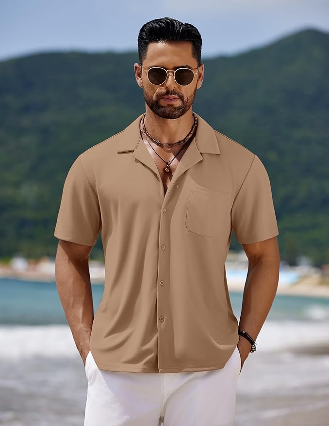 COOFANDY Men's Casual Cuban Guayabera Shirt Short Sleeve Button Down Shirts Summer Beach Shirts Vocation Vintage Shirts