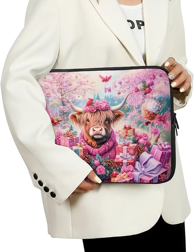 Highland Cow Laptop Sleeve for Women 10 inch Lap Top Case Christmas Laptop Protector Zippered Pouches with Humanize Design Computer Carrying Case Portable Tablet Bag Briefcase